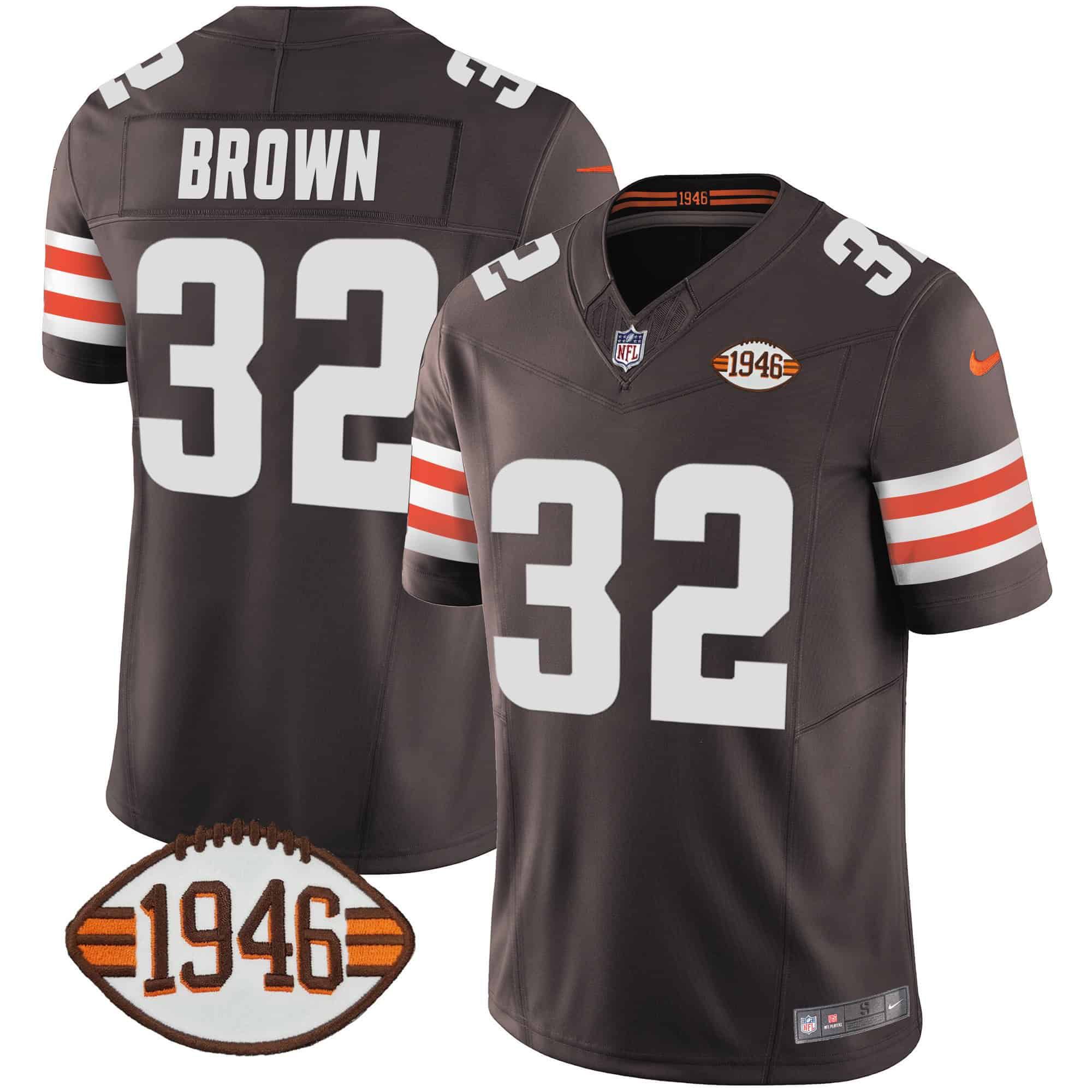 Men Cleveland Browns #32 Brown Brown 1946 75th Anniversary Patch 2024 Nike NFL Jersey style 1
